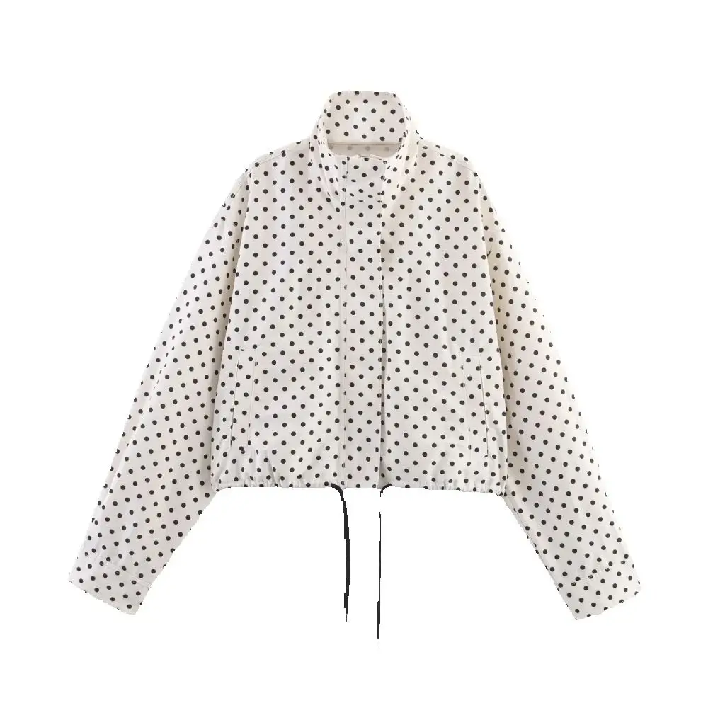 

Women's Seam Loose Top High Collar Long Sleeve Polka Button Zipper Pocket Elastic Drawstring Spring/Summer New Fashion Jac
