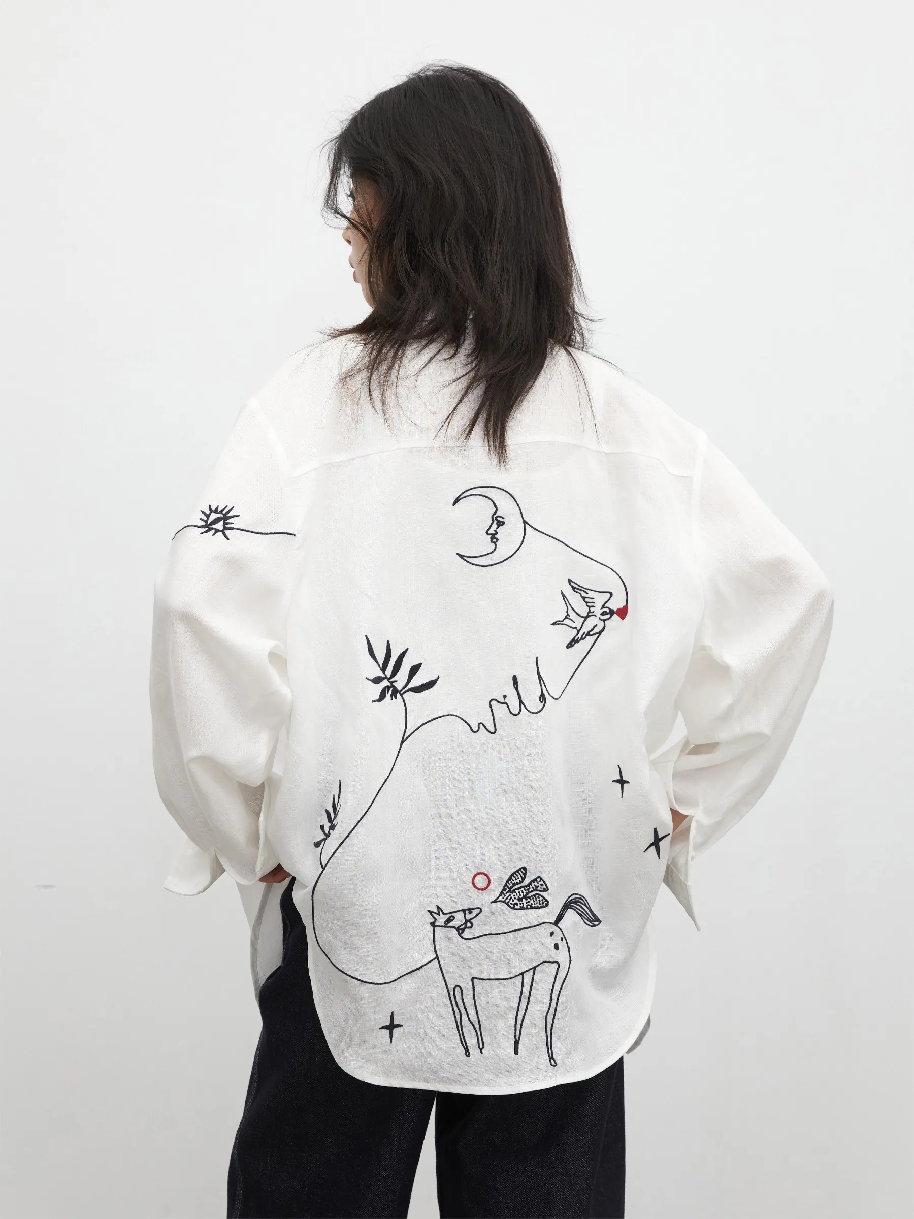 Women's White Long Sleeve Blouse with Pony Embroidery