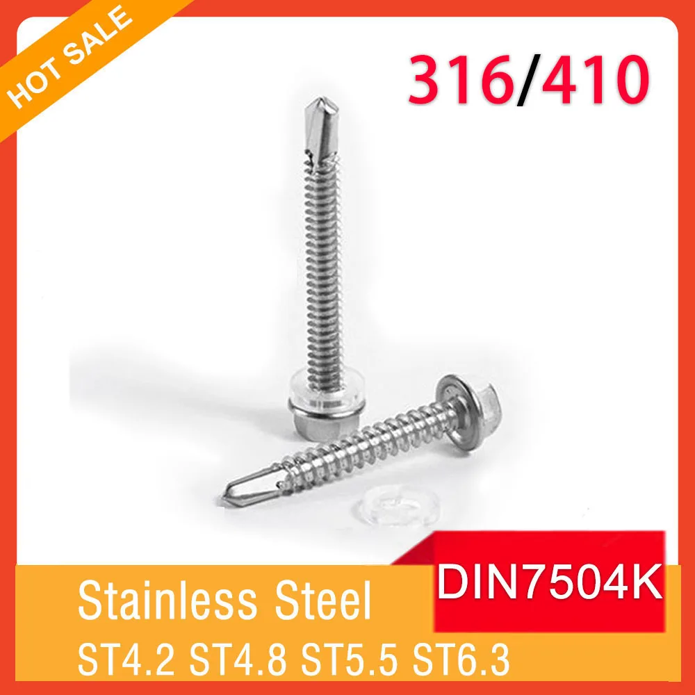 M4.2 M4.8 M5.5 M6.3 DIN7504K 316/410 Stainless Steel Outer Hexagon Flange Head with Washer Self-Tapping Drilling Screw Bolt