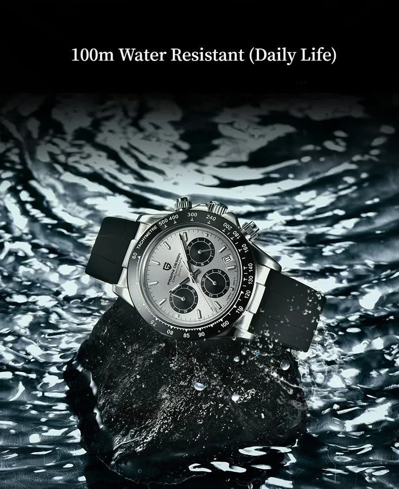 Pagani Design Men's Quartz Chronograph Watch 40mm Waterproof Luminous Hands Date Window Black Rubber Strap Sports Wristwatch