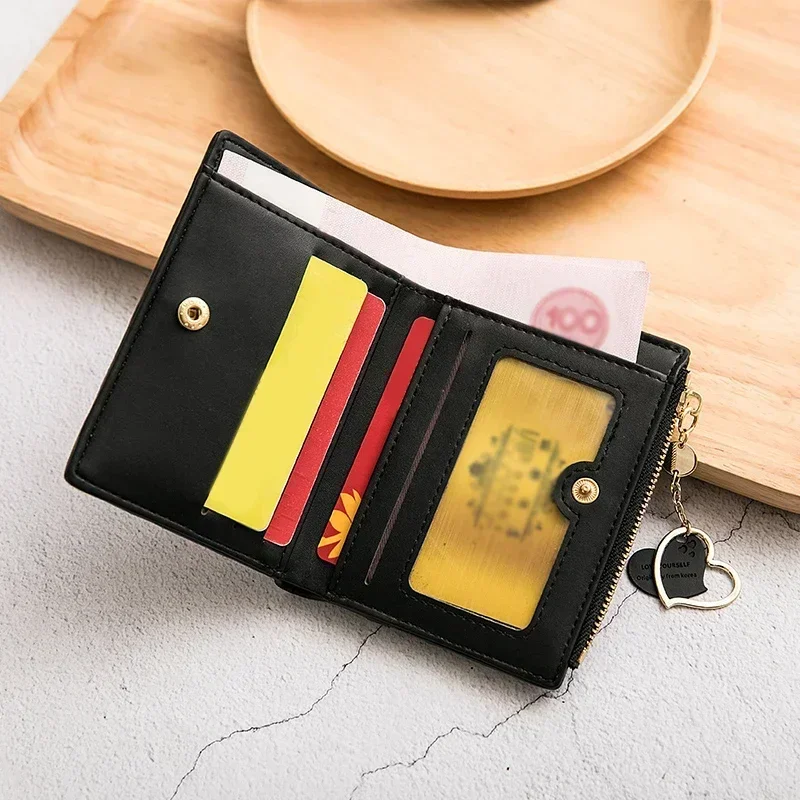 Women's Small Wallet Double Fold Ultra Thin Zero Wallet Zipper ID Bag, Contrast Color Love Pendant Short Card Bag