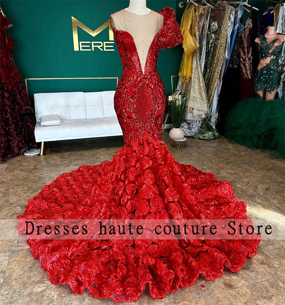 Red Lace Sequins Mermaid Prom Dress For African Black Girls 2025 3D Folwers Formal Party Gowns Evening Dresses Customized