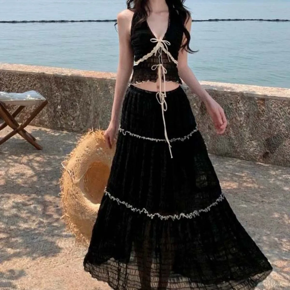 Bikini Halter Swimsuit Skirt Set Beachwear Clothings Hanging V Neck Long Skirt Bathing Suit Camisole Loose