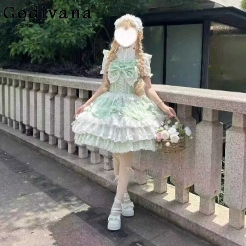 

Plus Size Lolita Sweet Bow High Waist A-line Lace Cake Dresses Elegant Princess Slash Neck Age-reducing Fairy Suspender Dress