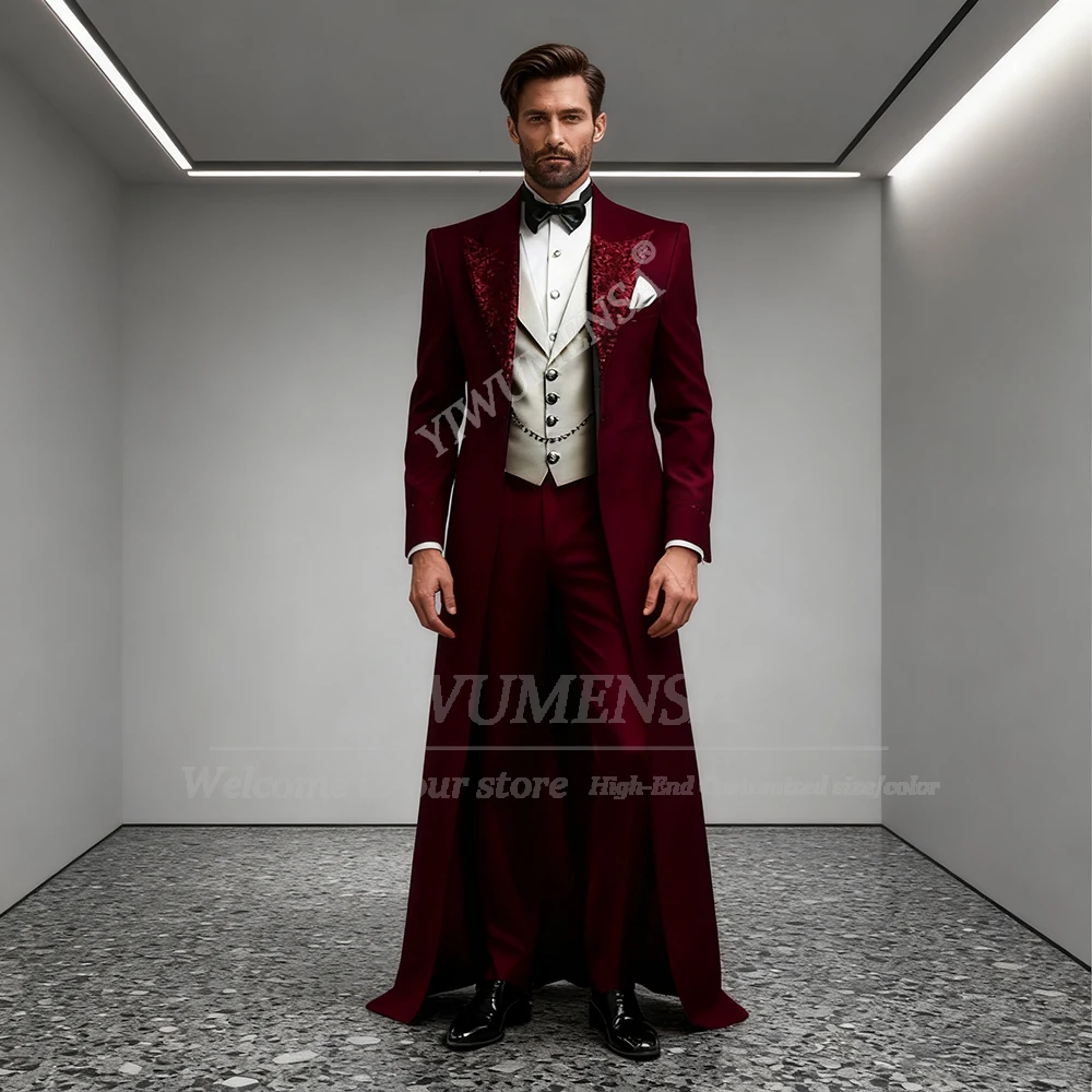 

Деловые мужские костюмы, наряды с блестками, остроконечными лацканами, пиджаки для жениха, длинный костюм по индивидуальному заказу, мужские комплекты из 3 предметов, мужские свадебные смокинги