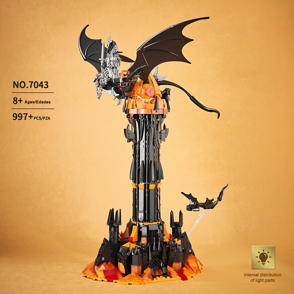 Bloco de construção de arquitetura de filme criativo, torre escura, conjuntos de modelos de tijolos, coleção de brinquedos de construção com luz para presentes