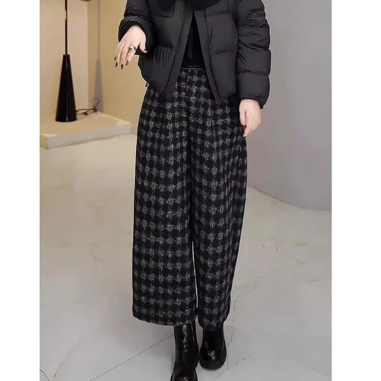 Pantaloni a Gamba Larga da Donna, Casual, a Vita Elastica, Stile Retrò a Quadri, Taglie Forti, Effetto Snellente