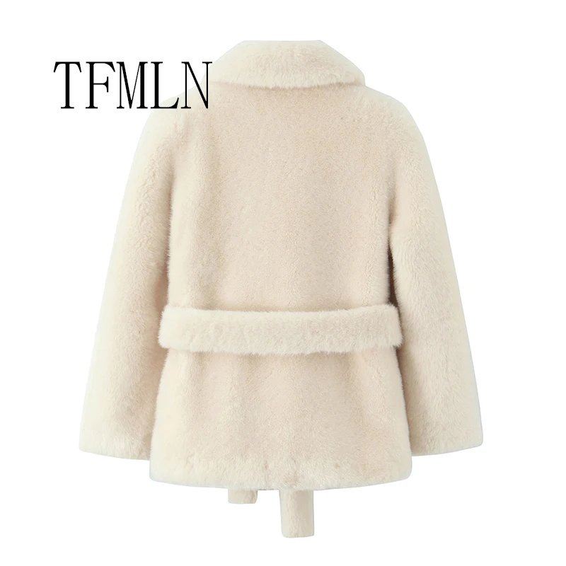 TFMLN سترات نسائية للخريف والشتاء برباط من الفرو الصناعي أنيقة وأنيقة غير رسمية معاطف شارع فاخرة دافئة #3