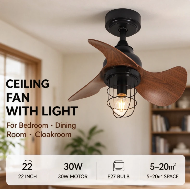 22 Inch Industrial Retro Ceiling Fan Lamp, American Style Hanging Pendant Fan Light for Commercial Cloakroom Dining Bedroom