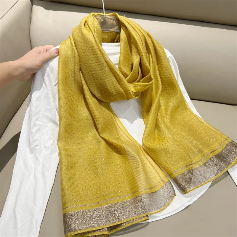 Women\'s Spring and Summer Thin -Proof Shawl Sun-Proof 2024 New Fashion Pure Color Silk Large Gauze Scarf