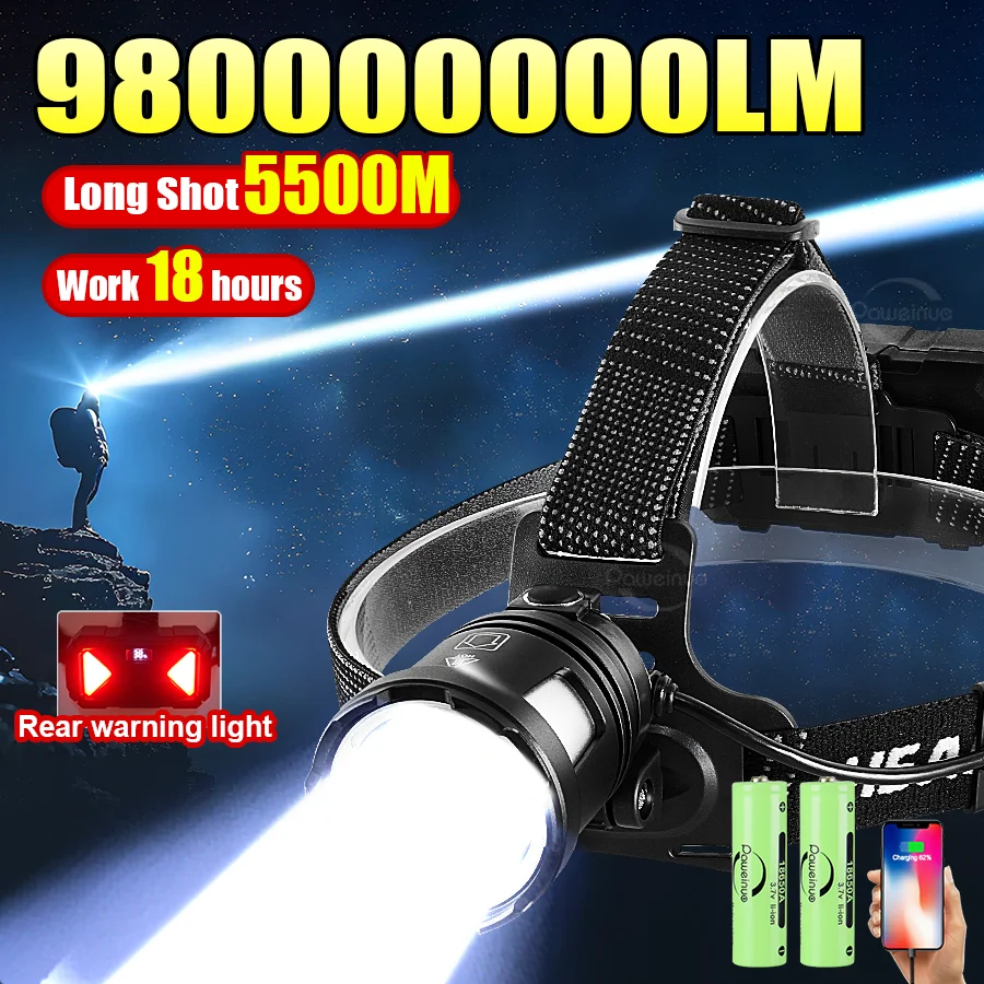 Faro principale più potente da 1000 W 98000000LM Torcia frontale super luminosa 5500 M Lampada frontale ricaricabile Lanterna esterna Pesca Campeggio,Illuminazione anteriore di super potenza