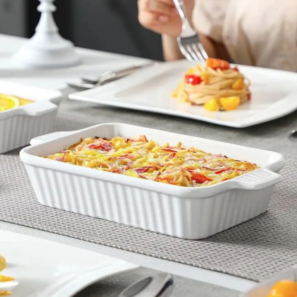 

Durable Rectangular Ceramic Baking Tray Stripe Pattern With Handle Baking Dish Deepened Lasagna Pan Roast Chicken