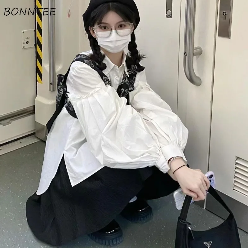 

Women Sets Long Lantern Sleeve Solid Shirts Turn-down Collar Buttons Bow Vests Floral Printing Spring Autumn Girls Vintage Tops