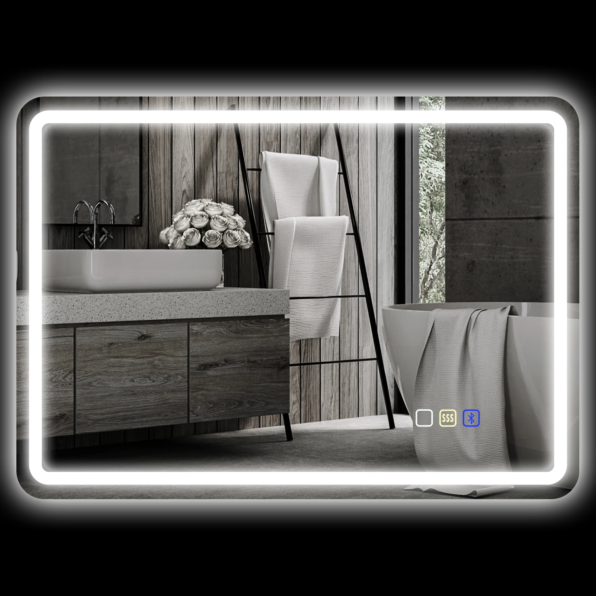 LED-Badezimmerspiegel mit Antibeschlag-Pad, einstellbare 3-Farben-Beleuchtung, schlanker, moderner Stil, Silber