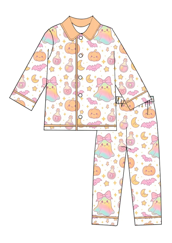 High Quality Halloween Pajama Set Long Sleeve Cute Pumpkin Ghost Print Girls Boys Set Children's Clothes image 3