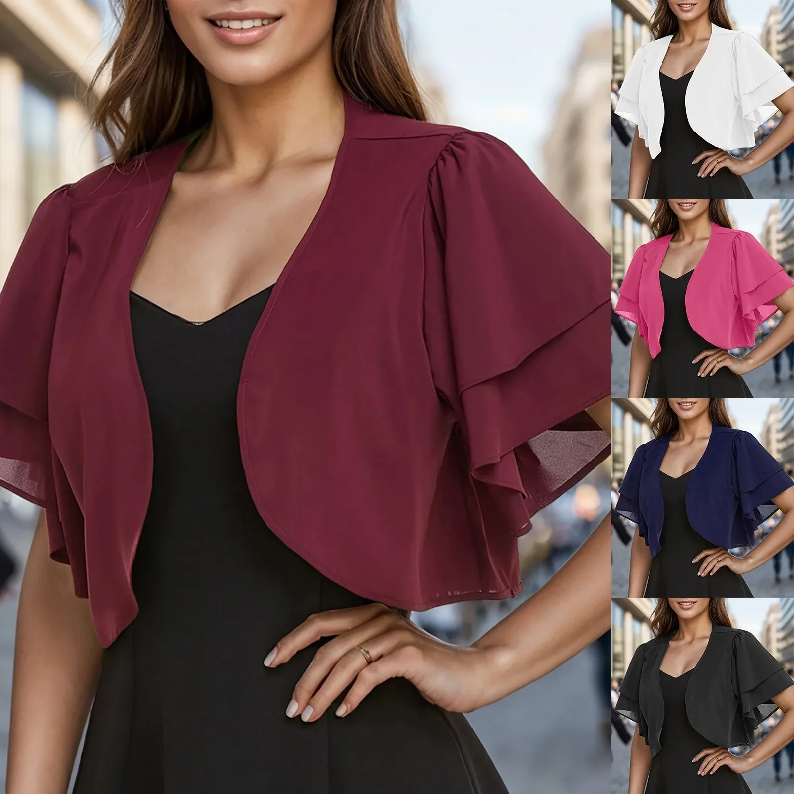 Open Front Short Sleeve Chiffon Cardigan Suncreen Shrug Cape Fashion Cover Up Shawl Coat Women Cropped Sheer Bolero Tops 2024