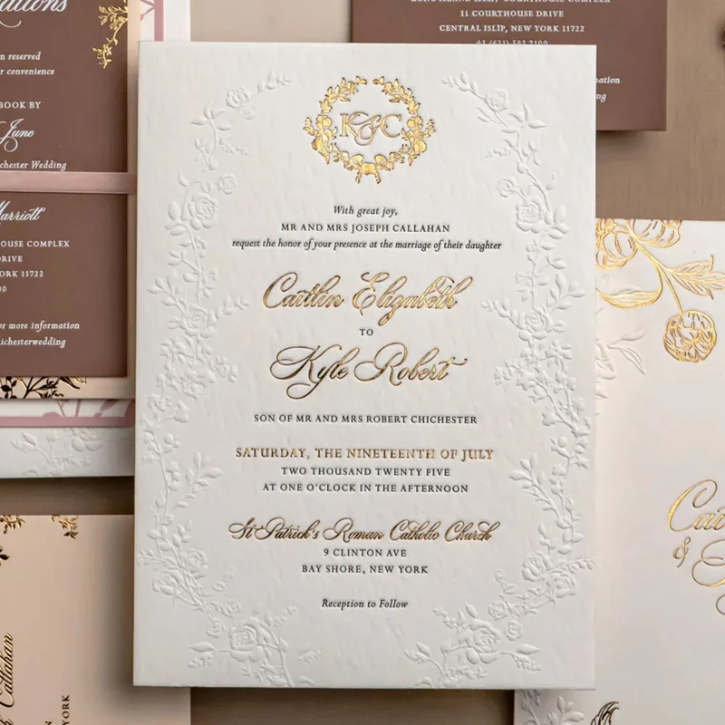 

Foil Stamped & Blind Embossed Wedding Invitations,Custom Wedding Cards with Gold Foils Letterpress