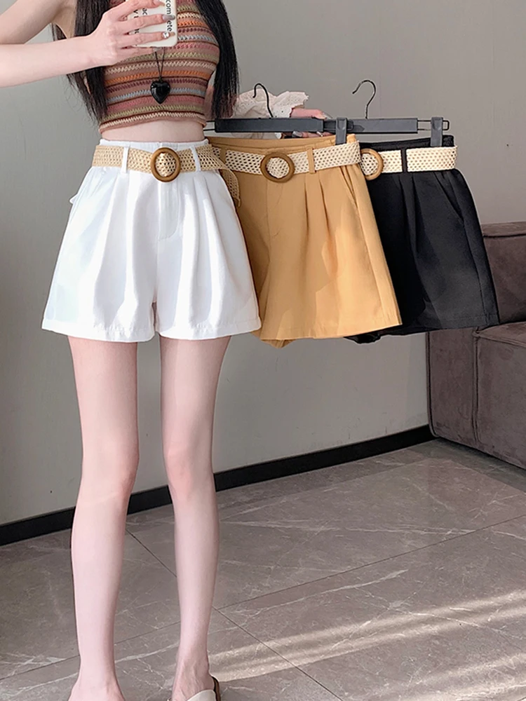 Zoki Casual Belt Shorts Women High Waist Fashion Loose Korean Elegant Shorts Summer Female Sweet All Match Chic A Line Shorts