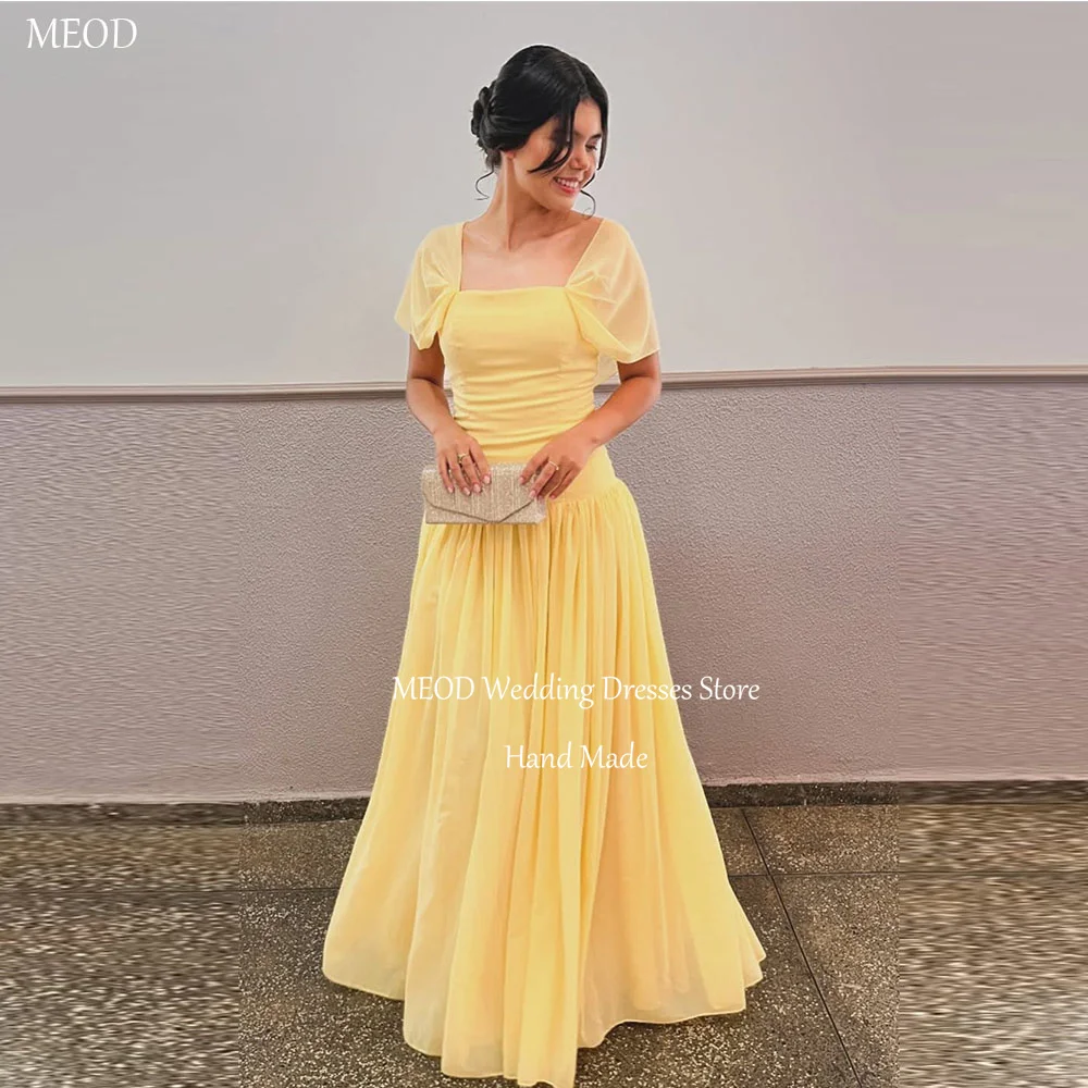 

MEOD Yellow Chiffon Elegant Evening Dresses Square Collar A Line Robes De Soirée Floor Length Cap Sleeve Prom Gowns Customized