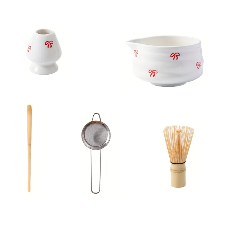

M12K-5 Pieces Of White Decal Matcha Set Set Includes Matcha Bowl, Matcha Mixer And Holder Bamboo Spoon, Sieve