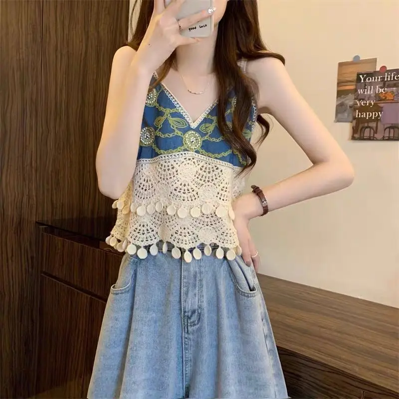 

Fashion Folk Hollow Out Tanks Summer Casual Patchwork Loose Female Clothing V-Neck Contrasting Colors Sleeveless Knitted Camis
