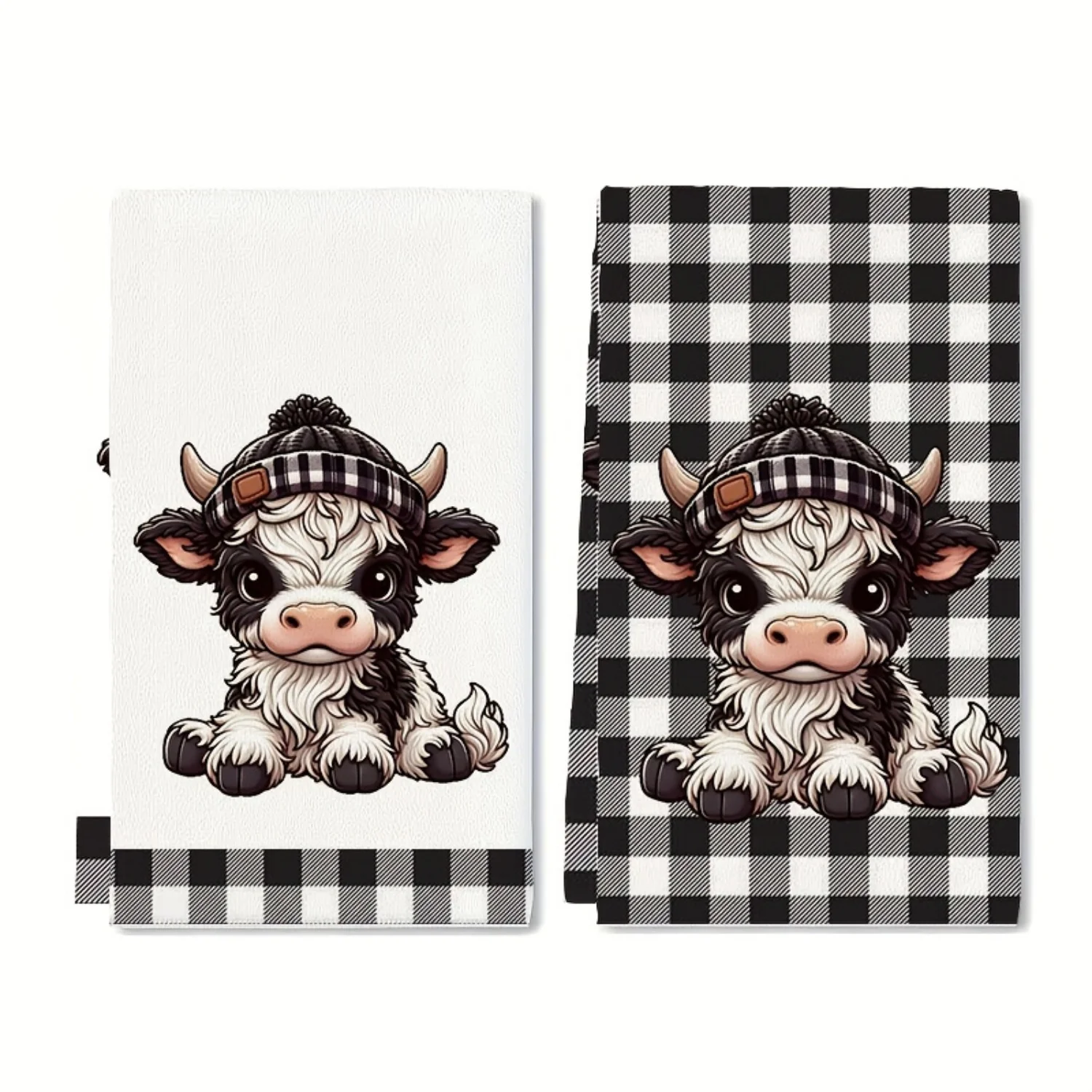 Set of 2, Cartoon Highland Cow Printed Towels, Ultra-Fine Microfiber Modern Absorbent Cloths, Cooking And Baking Tea Towels