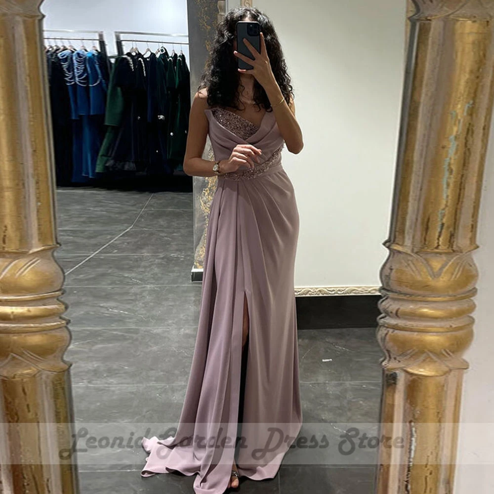 Purple Spaghetti Strap Party Dresses V Neck Floor-Length Beading Mermaid Side Split Ruched Zipper Back Vestido De Noiva 2023