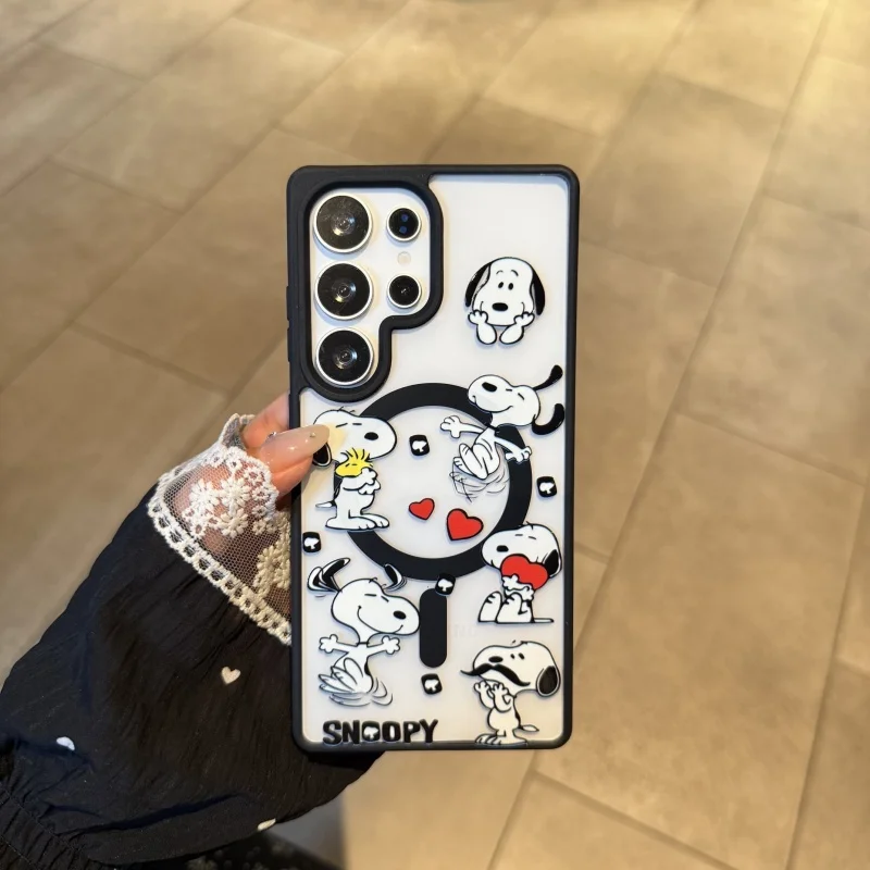 Funda de carga inalámbrica Magsafe con dibujos animados de corazón de amor en 3D para Samsung S22 S23 S24 S25 Ultra Plus, soporte magnético de Snoopy