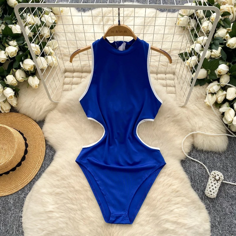 

Сексуальный комбинезон с вырезами на талии и без рукавов, с круглым вырезом горловины, в стиле колор-блок, для пляжного отдыха.