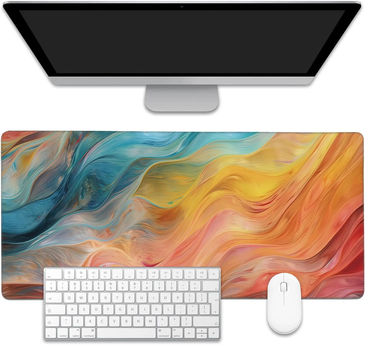 Abstract Paint Large Desk Mouse Pad, Bright Multi‑Color Swirl Liquid Fluid Marble Texture Art Print, Non‑Slip Mat For Gaming