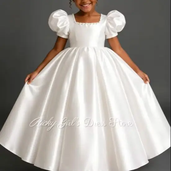 Customized White Satin Flower Girl Dresses For Wedding Simple Short Sleeve Pears Kids Birthday Party First Communion Gown