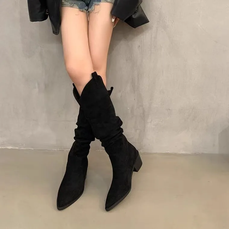 Long boots 2026 French retro coffee colored pile boots Western cowboy boots Autumn and winter high boots Women's boots