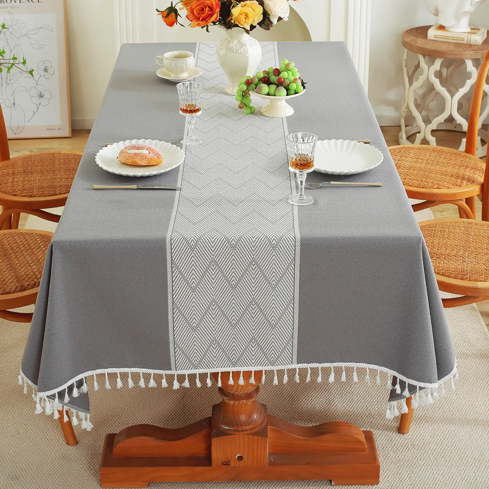 

Tablecloth for Rectangle Table, Cotton Linen Table Cloth, Waterproof Farmhouse Table Cloth, Washable Table Cover with Tassels