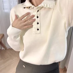 Women Letter Embroidery Sweater Half Buttons Turtleneck Long Sleeve Casual Spring 2024 Pullover