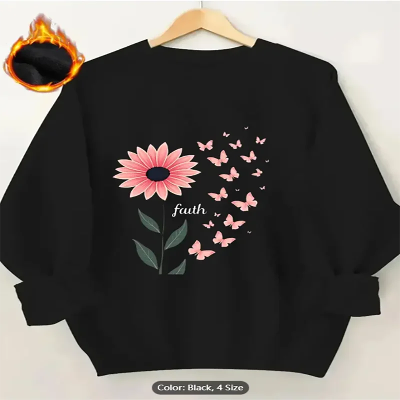 Womens Black Sweatshirt Faith Flower Butterfly Graphic Print Fleece Lined Casual Oversized Pullover Top Comfortable Pure Cotton