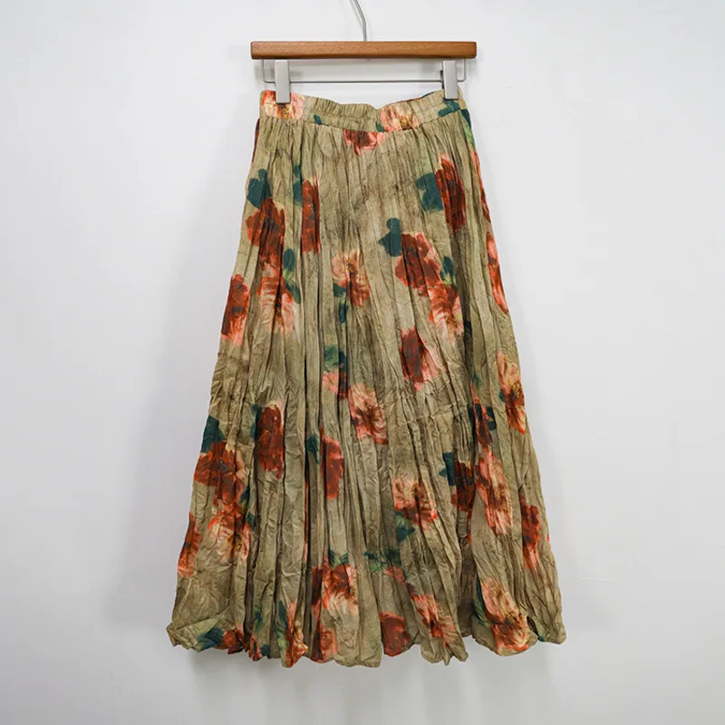 Luxury Vintage Ombre Rose Maxi Dress High-waisted Draped Pleated A-line Skirt Trendy Women's Printed Pleated Skirt Elastic Waist