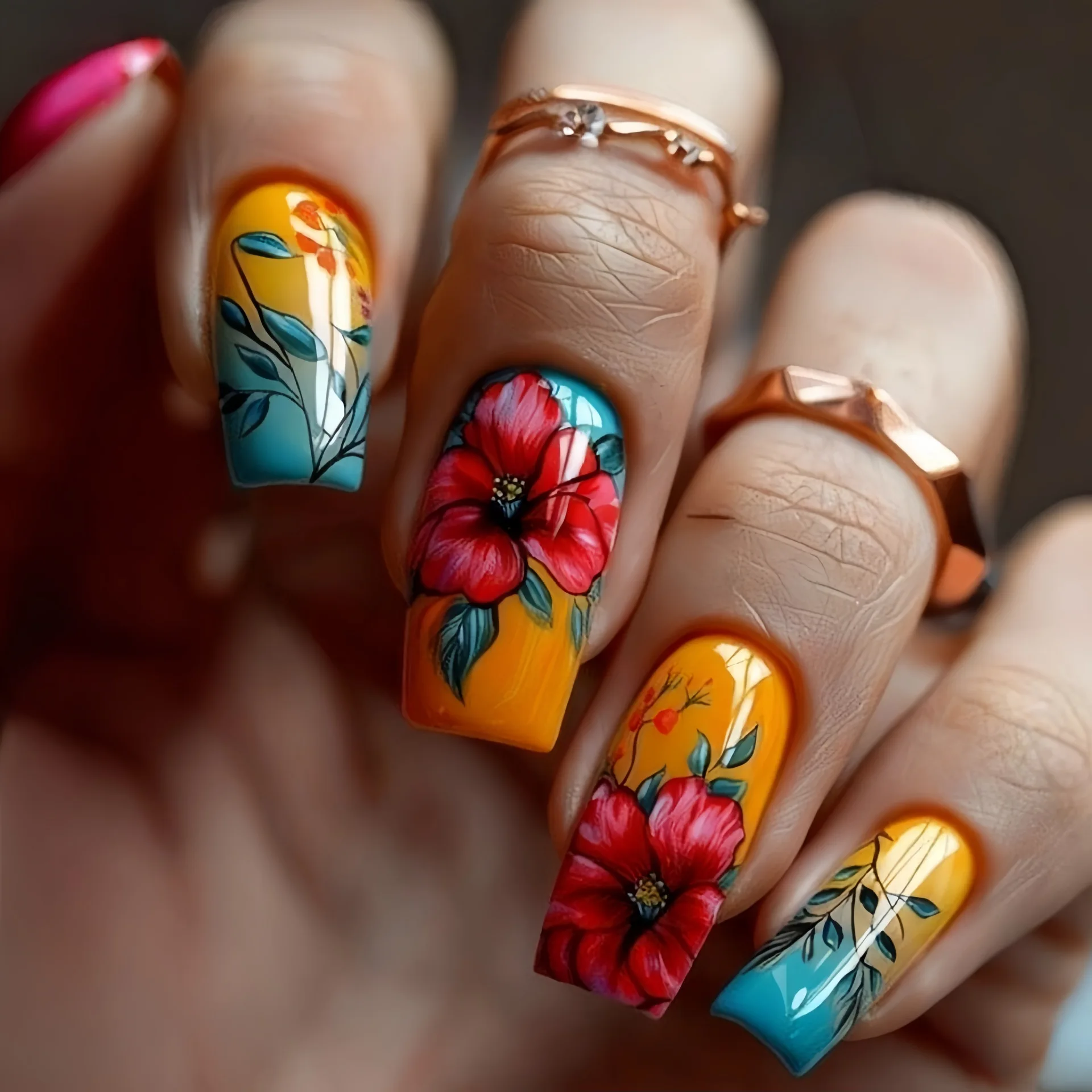 

Short Medium long fake nails for women girls Spring summer flowers gradient green orange red ballet square press on false nail