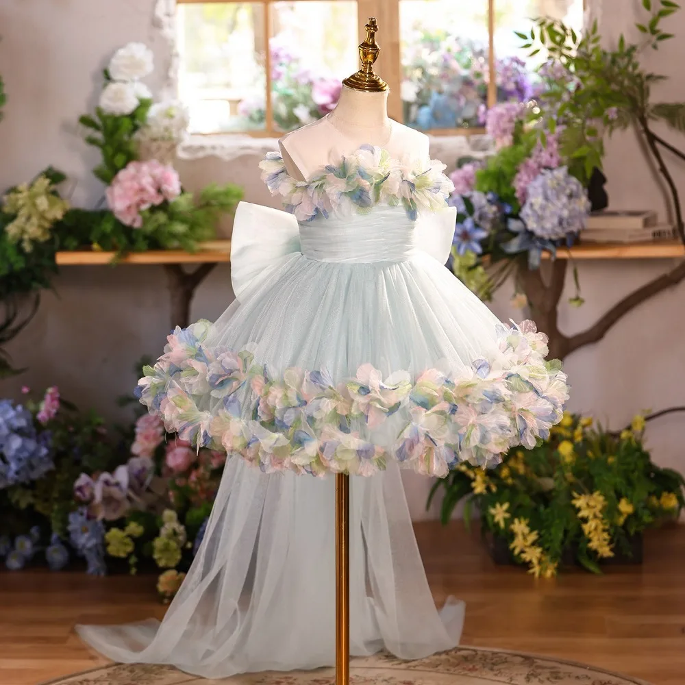 Boho 3D Petals Flower Girl Dress Bow Tulle Train Puffy Princess Gown Kids Wedding Birthday