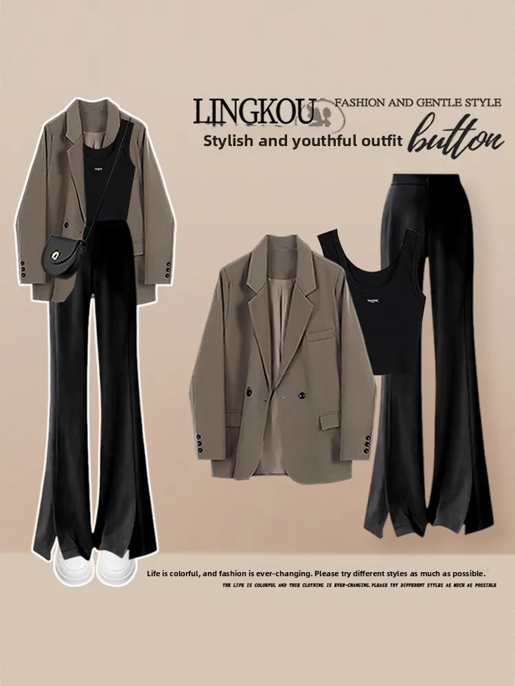 Elegante conjunto de tres piezas de talla grande para principios de otoño, diseño juvenil para mujer, blusa y pantalones de cintura alta con aberturas.