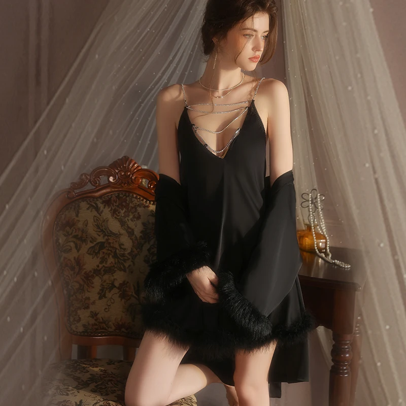 مجموعة ملابس نوم من الساتان ذات قصة منخفضة من Deep V: ثوب نوم نسائي ناعم الرغبة النقية + رداء ملابس داخلية مفتوح من الأمام ملابس منزلية