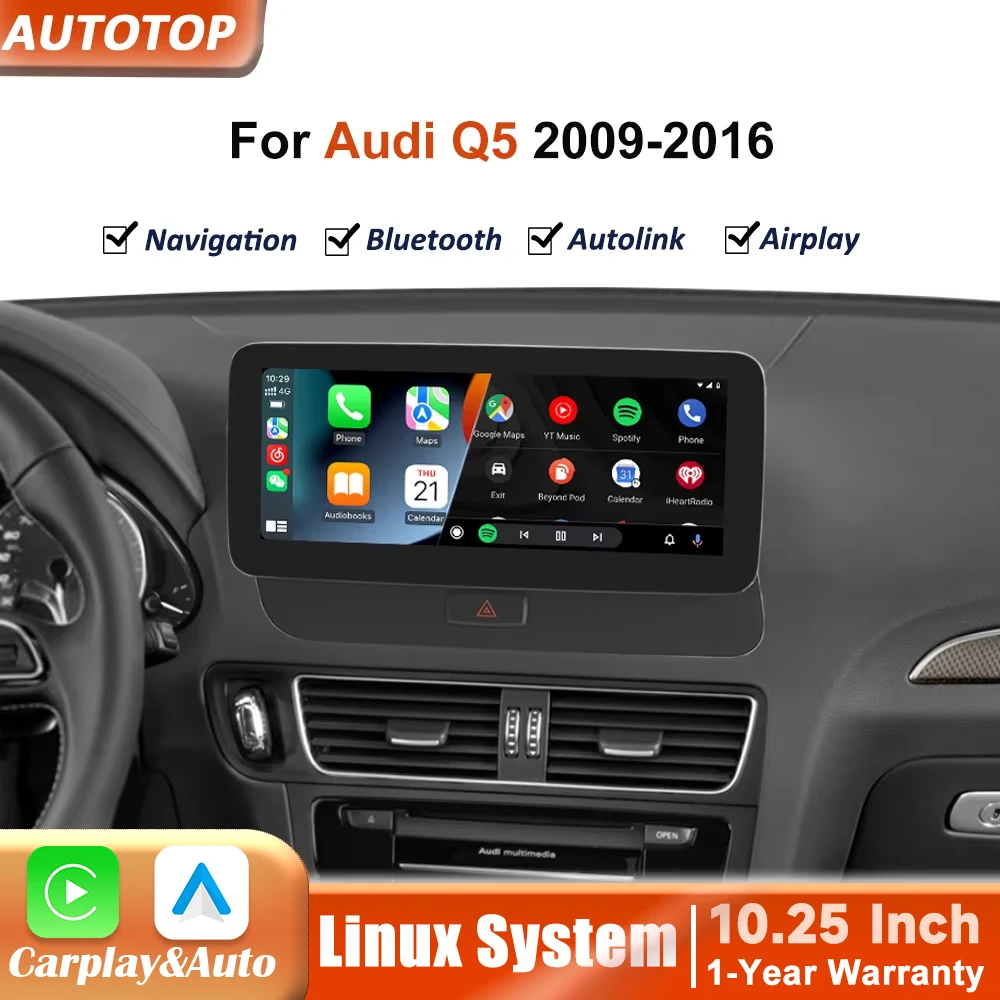 Autoradio da 10,25 Pollici con Linux, CarPlay Wireless e Android Auto per Audi Q5 2009-2016, Sistema Intelligente Stereo BT GPS Navi