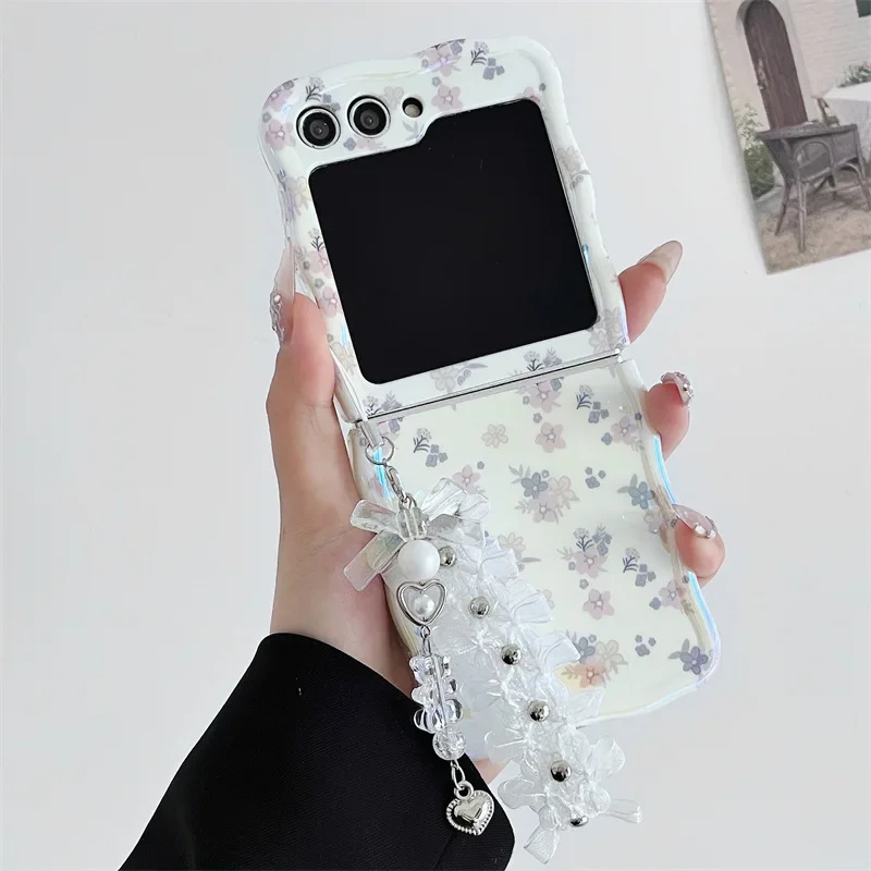 Floral Strap Phone Case for Samsung Galaxy Z Flip 6 5 4 3 Protective Back Cover for ZFlip4 ZFlip5 ZFlip6 Case