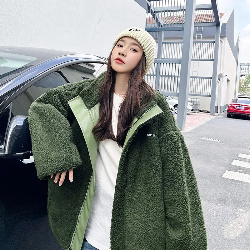 Sides Wear Women Parkas Korean Fashion Double Share Lamb Wool Winter Loose Casual Daily Short Couples PU Leather Cotton Jacket
