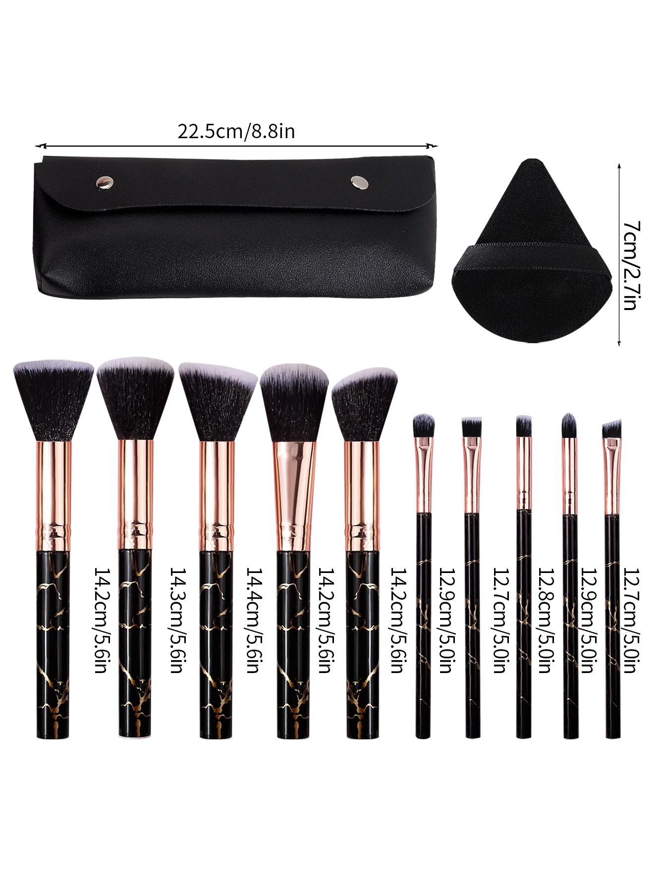 14本の黒大理石模様の多機能メイクブラシセット + ソフトな三角形パウダーパフ & ポータブル収納バッグ