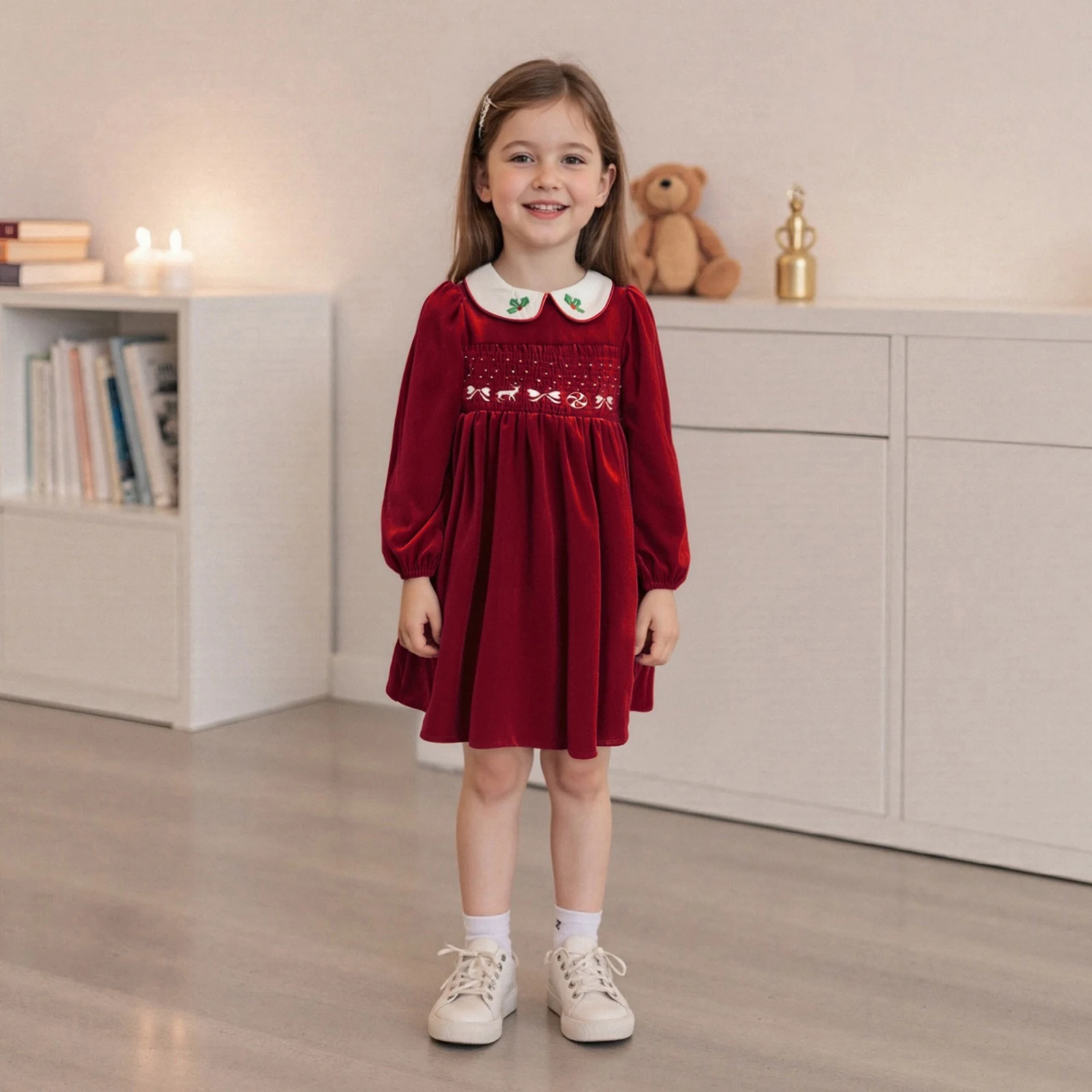 فستان FOCUSNORM 1-7Y للأطفال الصغار البنات المخملي لعيد الميلاد بفيونكة غزال هولي مطرز بأكمام طويلة وياقة الدمية فستان على شكل حرف a
