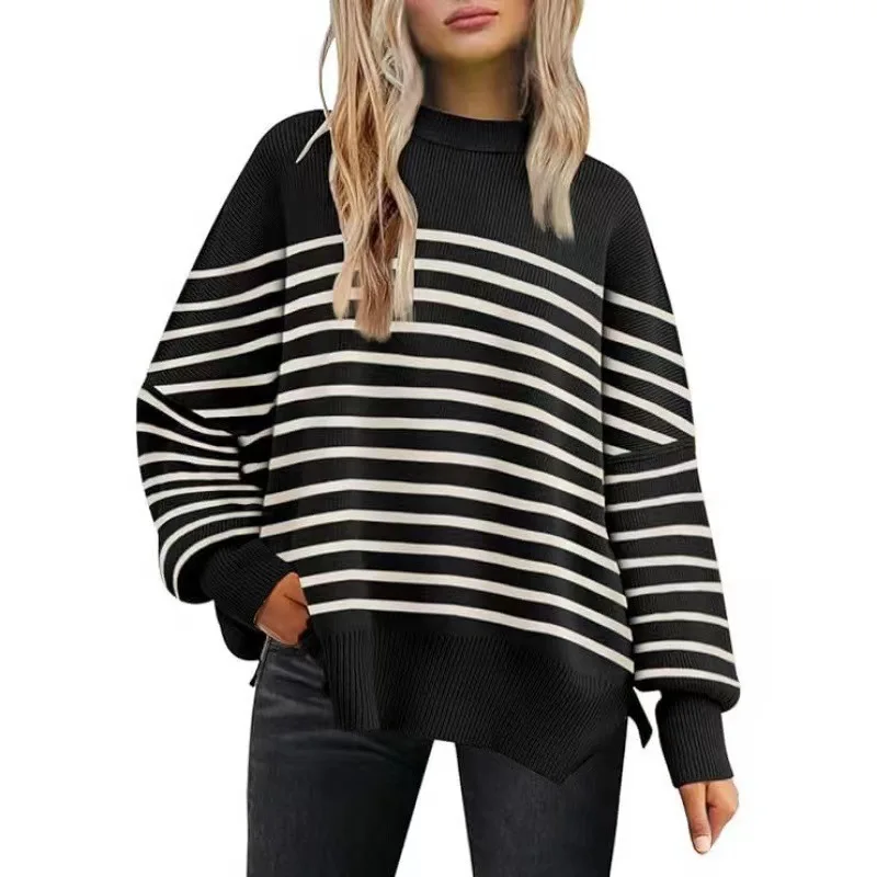 

Hot-selling Women's Sweater for Autumn Winter O-neck Bat Sleeve Loose Striped Side Slit Fashion Top Casual Pullover