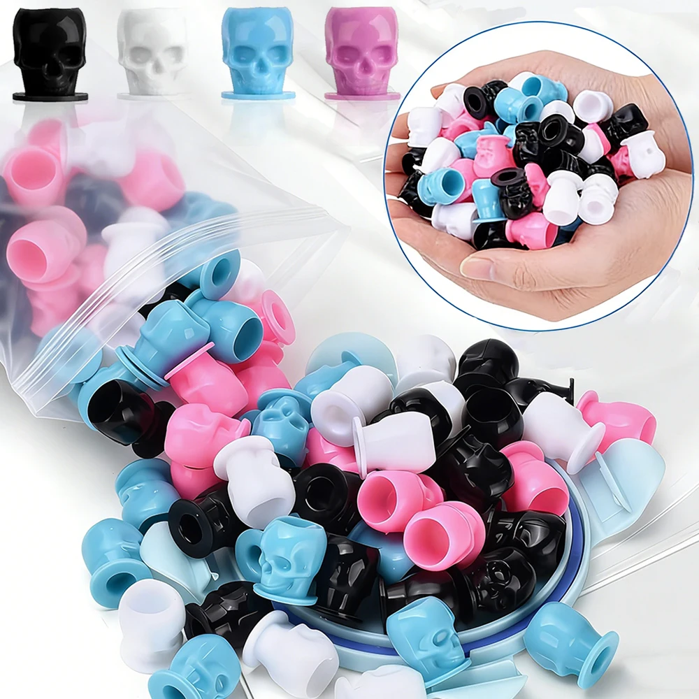 200/100/50pcs Disposable Tattoo Ink Cups with Base Skull Tattoo Pigment Cups 4Colors Plastic Ink Containers Tattoo Accessories
