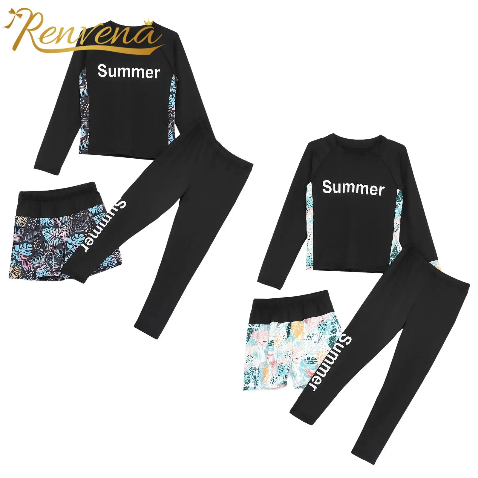 Bathing Suit Girl Swimsuit 3Pcs Kids Rash Guards Long Sleeve Swim Top with Shorts Pants Swimming Set Tropical Print Beachwear