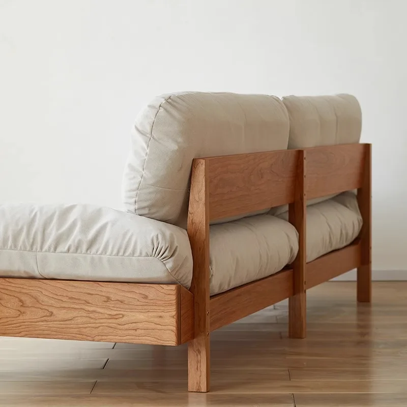 All solid wood cloud sofa, cream style Japanese small apartment living room Internet celebrity fabric sofa, cherry wood lazy