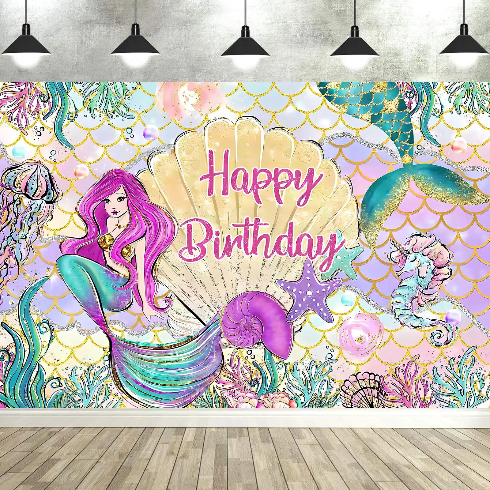 Mermaid Princess Photography Backdrop Underwater World Castle Pearl 1st Birthday Party Decortion Baby Shower Background KJ-01